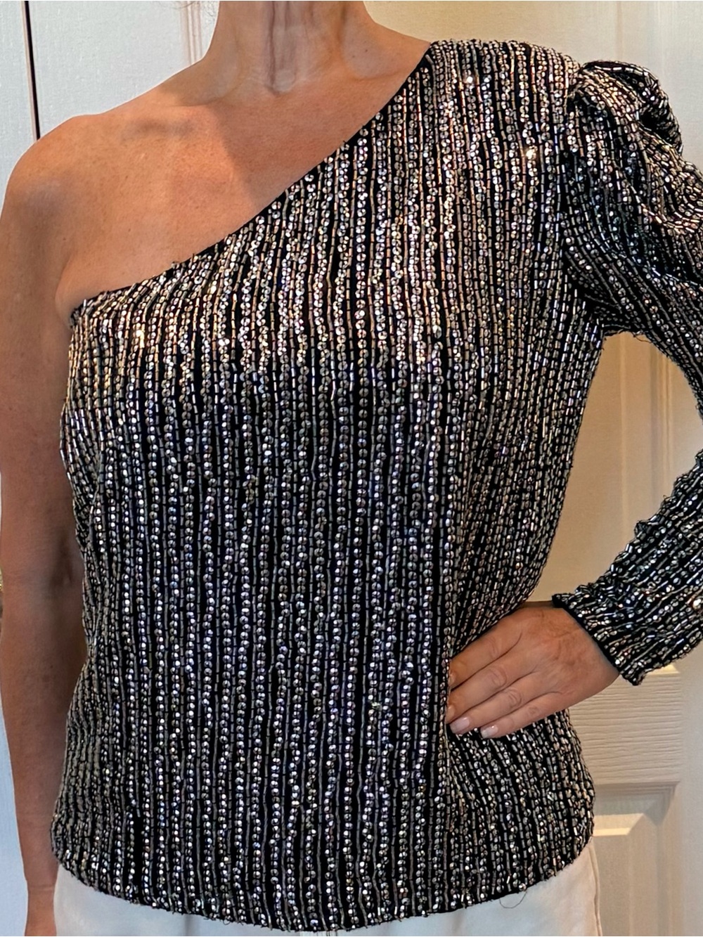 Parker Silver & Black One-Shoulder Sequin Beaded Women’s Dress Top Size S🩶🖤